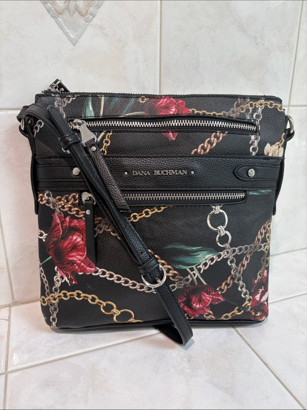 Dana Buchman Black Floral & Chain Print Messenger Crossbody Bag